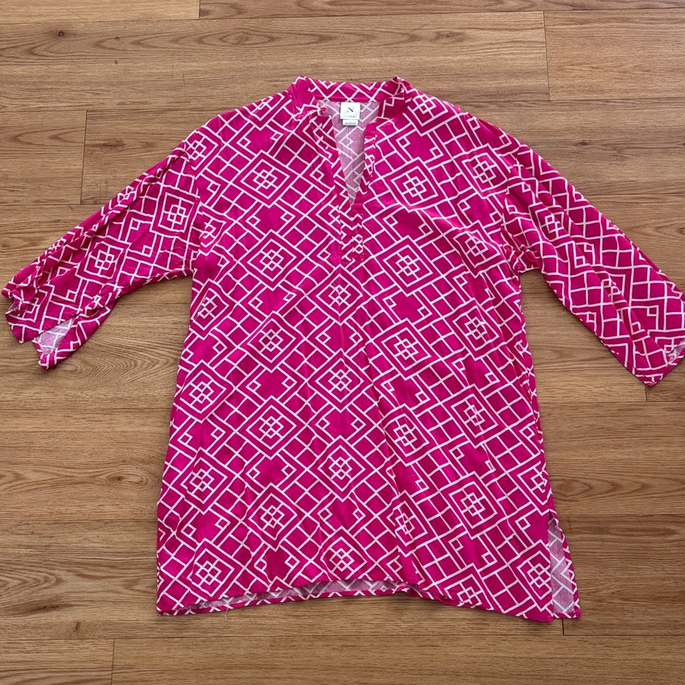 Natori Womens Kimono Swim Coverup Large Pink Geometric Print Beach Pool Vacation